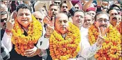  ?? HT PHOTO ?? Former HP CM Jai Ram Thakur with BJP Vidhan Sabha bypoll candidate Sudhir Sharma during a rally at Dharamshal­a.