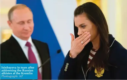  ??  ?? Isinbayeva in tears after addressing the Russian athletes at the Kremlin