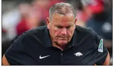  ?? (NWA Democrat-Gazette/Hank Layton) ?? Arkansas Coach Sam Pittman is making wholesale in his offensive line this week, hoping to avoid some of the problems that plagued the Razorbacks against Texas A&M.