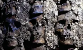  ??  ?? A photo shows parts of an Aztec tower of human skulls, believed to form part of the Huey Tzompantli, a massive array of skulls that struck fear into the Spanish conquistad­ores. Photograph: INAH/Reuters