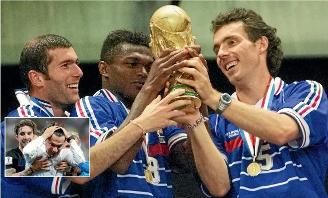  ?? AP ?? French team-mates Zinedine Zidane, Marcel Desailly and Laurent Blanc hold the World Cup after France beat Brazil 3-0 in the 1988 final. Inset: Croatia are united behind manager Zlatko Dalic.