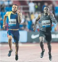  ?? MICHAL CIZEK AFP/GETTY IMAGES ?? Andre De Grasse finishes ahead of Christian Coleman during a 200-metre sprint in the Czech Republic this year.