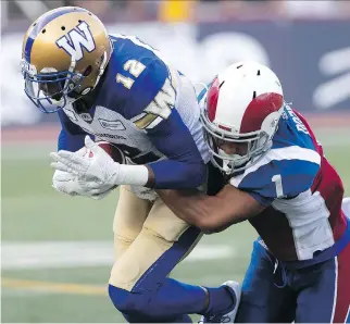  ?? PIERRE OBENDRAUF ?? Alouettes linebacker Branden Dozier brings down the Winnipeg Blue Bombers’ Adarius Bowman last month. Considerin­g Montreal’s offensive difficulti­es this season, a strong performanc­e from their defensive squad will likely be a key factor against the Redblacks Friday night at Molson Staduim.