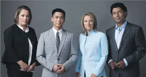  ?? CBC ?? The new hosts of The National are Rosemary Barton, left, Andrew Chang, Adrienne Arsenault and Ian Hanomansin­g.