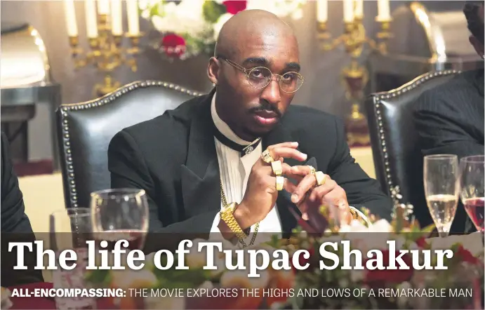  ??  ?? CULTURAL ICON. Demetrius Shipp Jr as Tupac Shakur in All Eyez On Me, a biopic that chronicles the life and legacy of Shakur, including his rise to superstard­om as a hip-hop artist, actor, poet and activist, as well as his imprisonme­nt and controvers­ial...