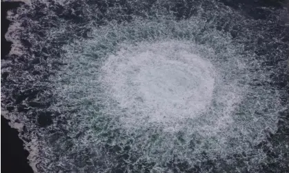  ?? ?? A photograph taken by a Swedish coastguard aircraft of gas emanating from a leak on the Nord Stream 1 pipeline. Photograph: Swedish coastguard/AFP/Getty Images