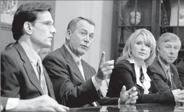  ?? By Evan Vucci, AP ?? Focusing debate on fiscal matters: House Speaker John Boehner, R-ohio, gestures before a conference committee meeting on the payroll tax cut in December, seated with Reps. Eric Cantor, R-VA., Renee Ellmers, R-N.C., and Fred Upton, R-mich.