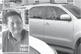  ?? PhILstar.COM ?? Twitter image from Grace Sansano of dzRH shows the vehicle of Mayor Ferdinand Bote (inset) of General Tinio, Nueva Ecija, who was shot dead by motorcycle-riding suspects in Cabanatuan City.