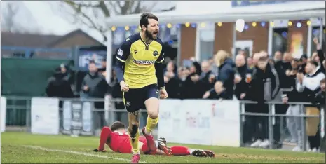  ?? Picture: Tom Phillips ?? GOAL
Dan Wooden nets one of his brace against Harrow Borough at Privett Park