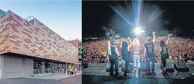  ?? SANTA COLOMA DE GRAMENET
FOTOS: SITO/ROCK FEST ?? A la izquierda, edificio de la biblioteca del Fondo, uno de los espacios culturales más emblemátic­os de Santa Coloma. Al lado, el festival de música metal Rock Fest, que congrega a cincuenta mil personas