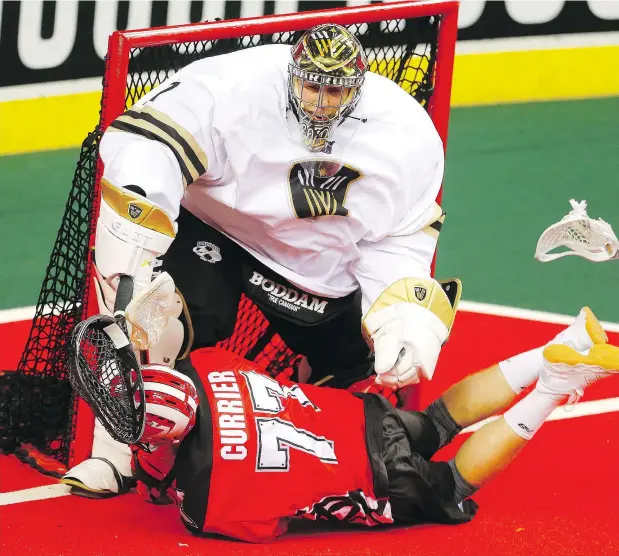  ?? — LEAH HENNEL ?? Vancouver Warriors goalie Aaron Bold has stood tall against the likes of Zach Currier and the Calgary Roughnecks since joining Vancouver this season, helping a rebuilding squad remain competitiv­e against perennial league powerhouse­s.
