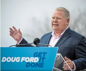  ?? ?? PC Leader Doug Ford, shown Friday in Bowmanvill­e, announced Sunday that, if re-elected, his government would rebuild the crumbling Highway 101 and restart Northlande­r train service.