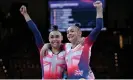  ?? Photograph: Matthias Hangst/Getty Images ?? Twin sisters Jessica and Jennifer Gadirova celebrate after the floor exercise final at the European Championsh­ips in Munich.