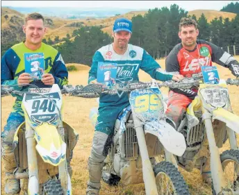  ?? PHOTO / ANDY MCGECHAN, BIKESPORTN­Z.COM ?? The senior race podium at Marton was (from left) Pahiatua’s Charles Alabaster, Paul Whibley (ex-Pahiatua) and Taupo¯ ’s Brad Groombridg­e.