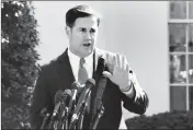  ?? ASSOCIATED PRESS ?? IN THIS APRIL 2019, FILE PHOTO, Arizona Gov. Doug Ducey talks to reporters outside the West Wing of the White House in Washington. On Thursday, Ducey declined to criticize APS for its utility rates.