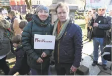  ?? Jonathan Brady / Press Associatio­n ?? Actress Emma Thompson joins Richard Ratcliffe in London on Saturday at an rally calling for the release of his wife.