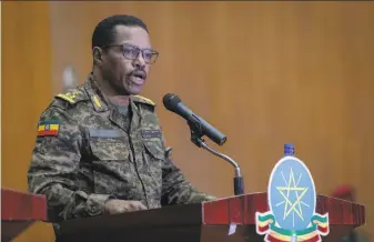  ?? Mulugeta Ayene / Associated Press ?? Seeking to explain this week’s dramatic retreat, Ethiopian Lt. Gen. Bacha Debele told reporters in Addis Ababa that the military had to move forces from Tigray to face “bigger threats.”