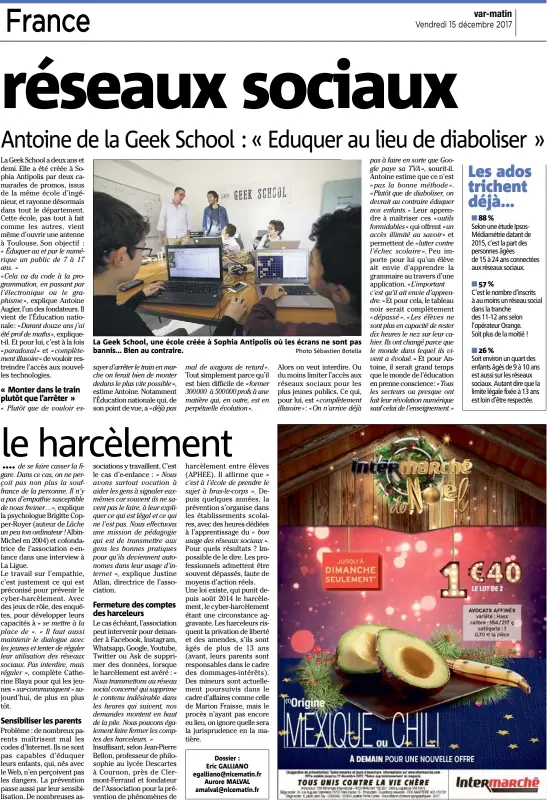  ?? Photo Sébastien Botella ?? La Geek School, une école créée à Sophia Antipolis où les écrans ne sont pas bannis... Bien au contraire.  %  %  %