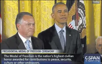  ?? C-SPAN ?? Las Vegas resident Turk Cobell stands with President Barack Obama as a Presidenti­al Medal of Freedom citation is read for his late mother, Native American activist Elouise Cobell, during a star-studded White House ceremony Tuesday.