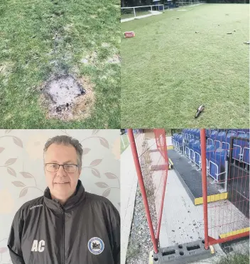  ??  ?? Football club chairman Andy Chantrill and pictures showing rubbish and damage to the pitch and fencing