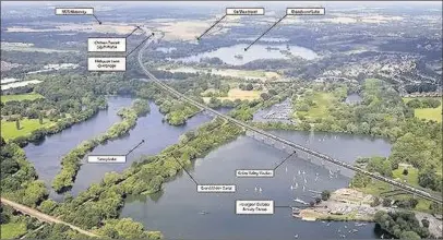  ??  ?? TRAIN LINK: An artist’s impression aerial view of Harefield lakes showing Hillingdon Outdoor Activities Centre and the Colne Valley viaduct