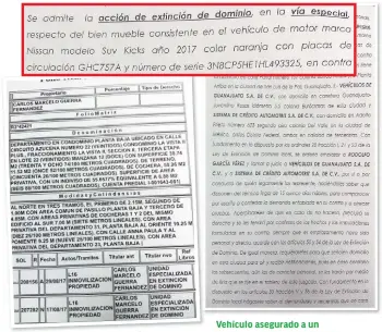  ??  ?? Propiedad asegurada. al hijo del “Comandante Emilio” en San Miguel de Allende. Vehículo asegurado a un habitante de San Luis de la Paz