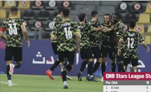  ??  ?? Qatar SC players celebrate one of their three goals against Al Arabi at the Qatar SC Stadium on Thursday.