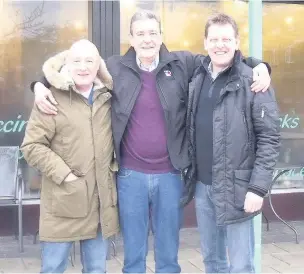  ??  ?? Roger Boden, director, Steve Morrin, consultant and researcher, and producer Ian Barrie celebrate the completion of the film, below, the tail of the plane at the site of the crash