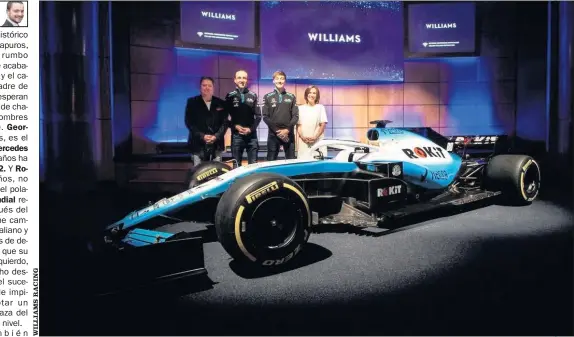  ??  ?? EL NUEVO WILLIAMS. Jonathan Kendrick (de 'Rokit'), Robert Kubica, George Russell y Claire Williams, la jefa de la escudería, junto al FW42.