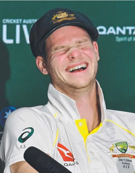  ?? Picture: AAP IMAGE ?? Steve Smith sees the funny side to England’s predicamen­t about Jonny Bairstow after the Test.