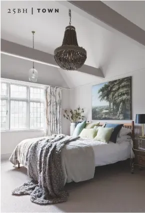  ??  ?? MASTER BEDROOM By removing a false ceiling, Alison and Tom revealed the soaring height of this room, boosting its sense of space. Woodland Ferns curtain fabric, £63m, Sanderson. Hollywood mirror, £555, Abigail Ahern. For a similar chest of drawers, try the Blythe, £759, Heal’s