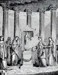  ??  ?? sacerdotes­se di vesta | Qui sopra, le Vestali e il fuoco sacro in un’incisione. A sinistra, i resti della «Aedes Vestae» presso la casa delle Vestali alle pendici del Palatino a Roma