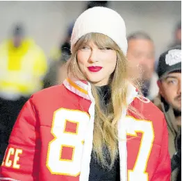  ?? AP ?? Taylor Swift wears a Kansas City Chiefs tight end Travis Kelce jacket as she arrives before an NFL wild-card playoff football game between the Chiefs and the Miami Dolphins on Saturday, January 13, 2024, in Kansas City, Missouri.