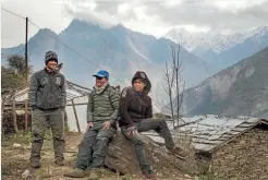  ??  ?? Porters during their stay at Uhiya. From left; Khil Bahadu Magar, 31, Sukh Bahadur Gurung, 37, Samuyal Thapa Magar, 18.