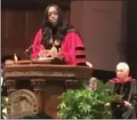  ?? ZACHARY SRNIS — THE MORNING JOURNAL ?? Carmen Twillie Ambar, president of Oberlin College, speaks at her inaugurati­on on Oct. 5.