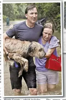  ??  ?? Above, kayakers fight current in Brays Bayou in Houston on Sunday. Left, man helps evacuate neighbor and her dog in River Oaks, and National Guardsman (right) carries woman to safety.