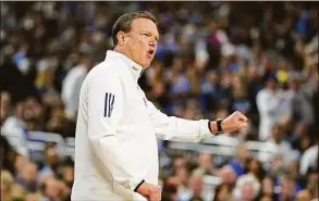  ?? David J. Phillip / Associated Press ?? Kansas head coach Bill Self directs his players during the first half against Villanova in the semifinal round of the Men’s Final Four NCAA tournament on Saturday in New Orleans.