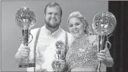  ?? / Steven Eckhoff ?? Thad Mathis and Tara Ogle show off their Judge’s Choice awards at the 2018 Rome Celebrity Dance Challenge.