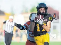  ?? PETER POWER THE CANADIAN PRESS ?? Hamilton Tiger-Cats wide receiver Luke Tasker catches a touchdown pass against the B.C. Lions on Saturday.