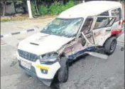  ?? HT PHOTO ?? ■
The police vehicle that the student rammed his car into.