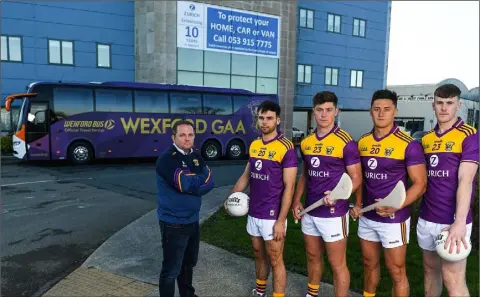  ??  ?? Davy Fitzgerald, Conor Devitt, Conor McDonald, Lee Chin and Niall Hughes outside the Zurich Insurance premises in Drinagh last December when the new Wexford G.A.A. jersey was launched.