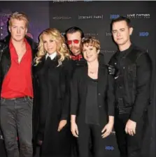  ?? PHOTO BY FILMMAGIC/FILMMAGIC FOR HBO ?? Left to right: Sean Stuart, Josh Homme, Heather Perry, Jesse Hughes, guest and Colin Hanks attend “Eagles of Death Metal: Nos Amis (Our Friends)” premiere from HBO & Live Nation Production­s Feb. 2 in Los Angeles, Calif.