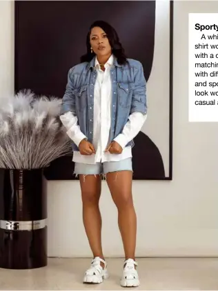  ?? ?? Sporty Finish
A white button-down shirt would work nicely with a denim jacket, matching denim shorts with different blue hues, and sporty shoes. This look would be perfect for casual and party events.