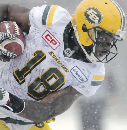  ?? JUSTIN TANG/THE CANADIAN PRESS ?? Edmonton Eskimos receiver Cory Watson is garnering plenty of praise. “He does a tremendous amount of work for us the people probably don’t see,” says Esks head coach Jason Maas.