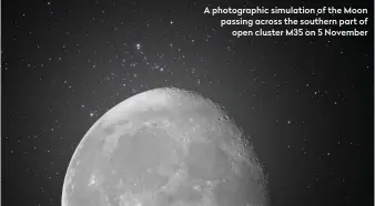  ??  ?? A photograph­ic simulation of the Moon passing across the southern part of open cluster M35 on 5 November