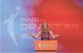  ?? BRAD PENNER/USA TODAY SPORTS ?? WNBA Commission­er Cathy Engelbert talked about the league before the draft at Brooklyn Academy of Music.