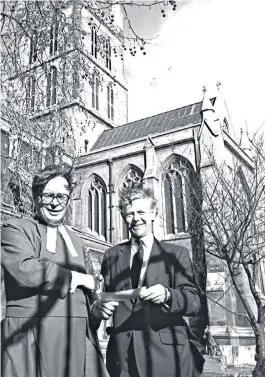  ??  ?? Edwards, left, in 1987, receiving a cheque from the Freemasons outside Southwark Cathedral