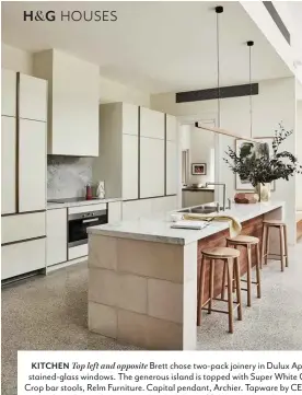  ??  ?? KITCHEN Top left and opposite Brett chose two-pack joinery in Dulux Apple Cucumber Half for this space in a nod to the citrus tones in the home’s stained-glass windows. The generous island is topped with Super White Quartzite from Granite & Marble Works and edged with sandstone blocks. Crop bar stools, Relm Furniture. Capital pendant, Archier. Tapware by CEA. DINING Family meals are well and truly catered for with the Mila walnut table from Catapult Design and Pedrali ‘Ester 691’ dining chairs from James Richardson Furniture. Line brass pendant, Douglas & Bec. BUTLER’S
PANTRY Casa Handmade tiles in raw terracotta were sourced from Onsite Supply & Design and the wine fridge is Vintec. Atlantic Blue stone flooring from Granite & Marble Works. STUDY NOOK A tan leather Moroso ‘Bloomy’ chair from Hub Furniture sits at the built-in desk. Hotel Santa Caterina Amalfi framed photograph by Stuart Cantor, MCM House.