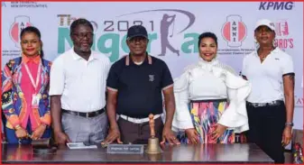  ?? ?? L-R: Alice Ben of Birview, Wahab Aminu-Sarumi, Chairman, Ikoyi Golf community Nigeria Associatio­n (IGCNA), Meckson Innocent Okoro, Golf Captain, Idia Okundaye GM, HR, Grand Oaks Limited and Ronke Iyiola, Co-Vice Chairman, 2021 Nigeria Cup Organising Committee at 2021 Nigeria Cup Press briefing