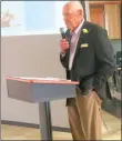  ?? Westside Eagle Observer/SUSAN HOLLAND ?? Jack Skillett speaks at a retirement reception held in his honor at the Gravette Middle School dining room on April 26. Skillett has retired after serving 20 years on the Gravette School Board.